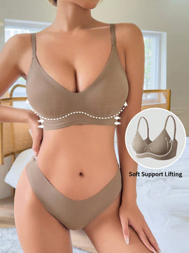 Conjunto de ropa interior sin costuras para mujeres de 2 piezas, Brasier con relleno ajustable y tangas comodas y transpirables