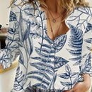 Camisa de manga larga para mujer con cuello vuelto y holgada con impresion de plantas europeas y americanas nuevas de primavera/verano, amigable con la piel