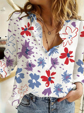 Camisa de mujer de lino con estampado estilo europeo y americano con cuello con solapas y mangas largas de ajuste holgado casual para la primavera/otono 2023