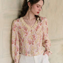 Simple Retro Camisa casual de mujer con parche floral y cuello en V