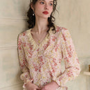 Simple Retro Camisa casual de mujer con parche floral y cuello en V