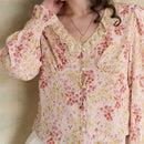 Simple Retro Camisa casual de mujer con parche floral y cuello en V