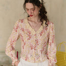 Simple Retro Camisa casual de mujer con parche floral y cuello en V
