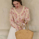 Simple Retro Camisa casual de mujer con parche floral y cuello en V