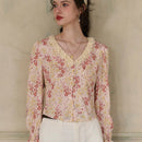 Simple Retro Camisa casual de mujer con parche floral y cuello en V
