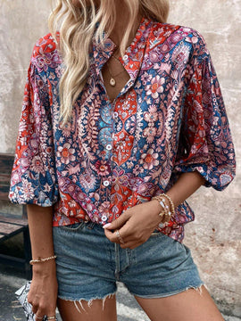 Camisa de mujer con cuello de pie y estampado colorido (patron aleatorio)
