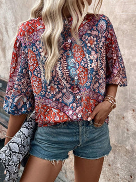 Camisa de mujer con cuello de pie y estampado colorido (patron aleatorio)