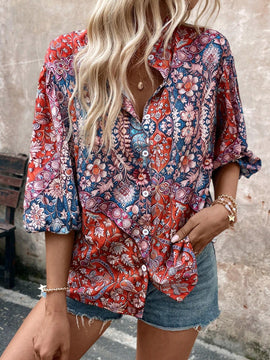 Camisa de mujer con cuello de pie y estampado colorido (patron aleatorio)