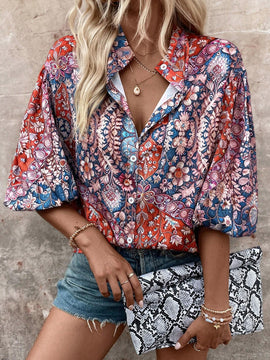 Camisa de mujer con cuello de pie y estampado colorido (patron aleatorio)