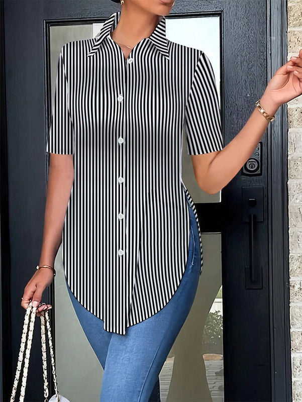 Essnce Camisa de mujer de manga corta con rayas y dobladillo dividido con dobladillo curvo