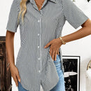 Essnce Camisa de mujer de manga corta con rayas y dobladillo dividido con dobladillo curvo