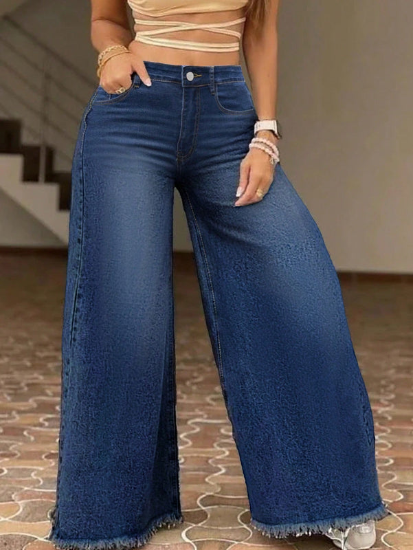 Jeans vintage de pierna ancha suelta y cintura alta con dobladillo crudo para mujer