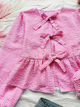Camisa casual de vacaciones con cuello redondo, manga larga y lazo decorativo