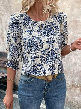 Blusa de manga con volantes y estampado completo para mujer