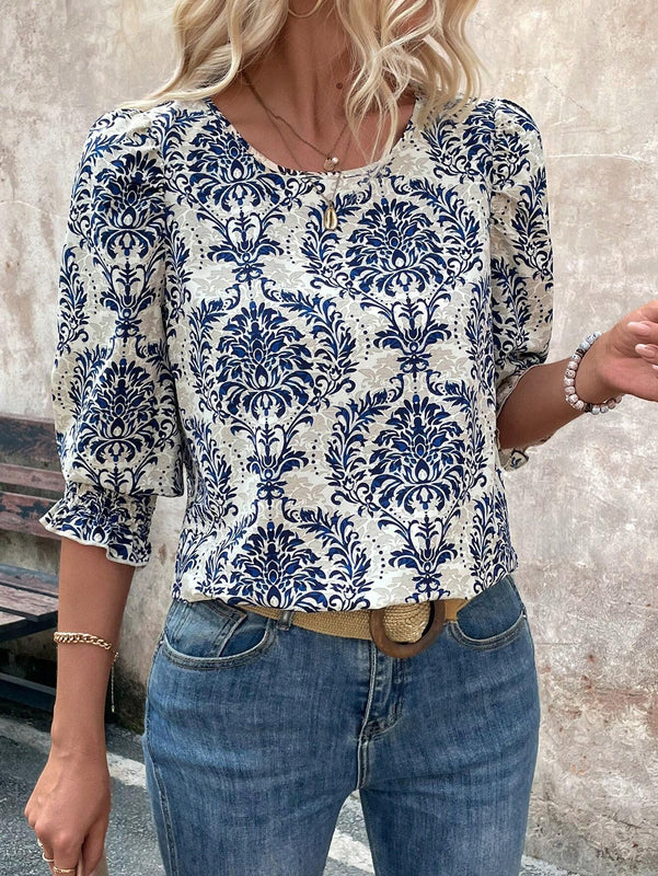 Blusa de manga con volantes y estampado completo para mujer