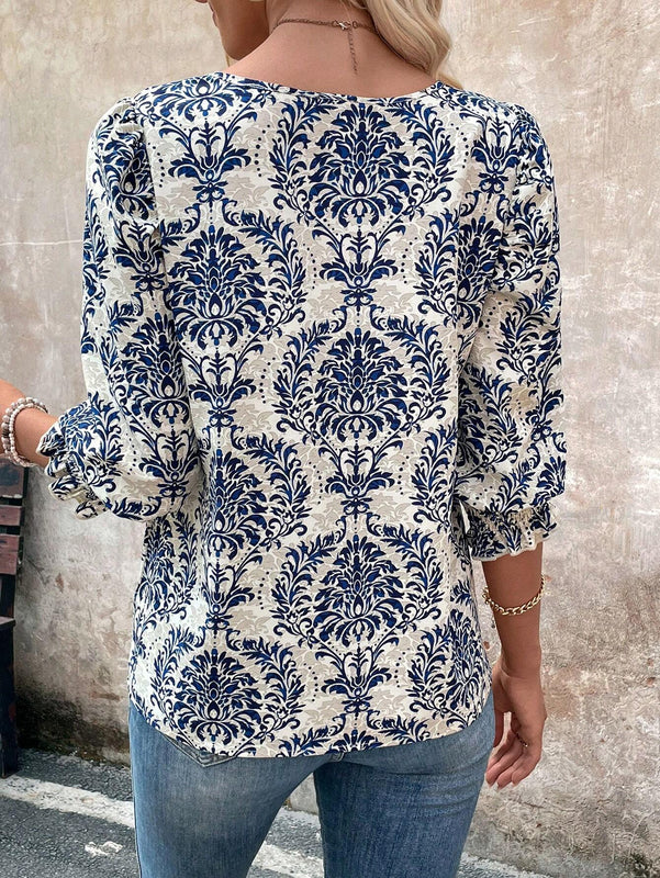 Blusa de manga con volantes y estampado completo para mujer