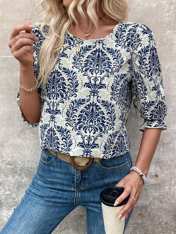 Blusa de manga con volantes y estampado completo para mujer