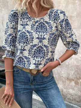 Blusa de manga con volantes y estampado completo para mujer