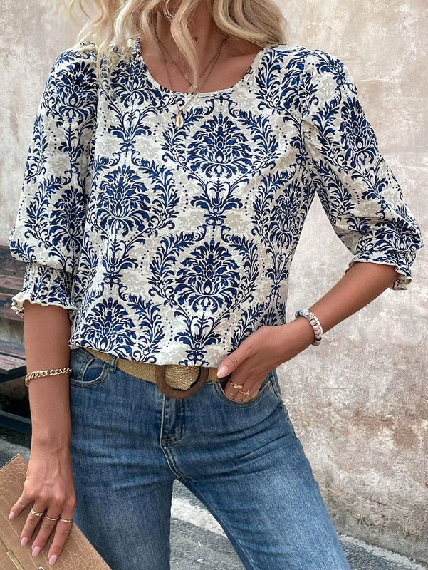 Blusa de manga con volantes y estampado completo para mujer