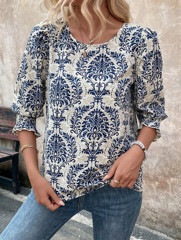 Blusa de manga con volantes y estampado completo para mujer