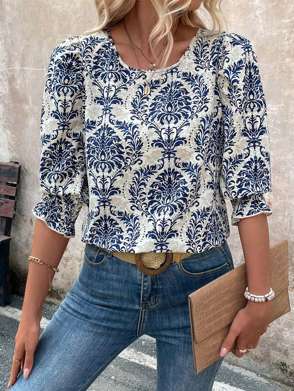 Blusa de manga con volantes y estampado completo para mujer