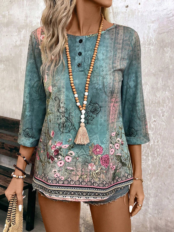 Camisa floreada de corte holgado para mujer con cuello redondo y mangas 3/4, ideal para vacaciones de primavera/verano