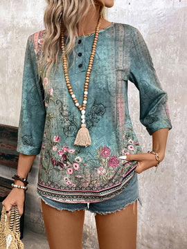 Camisa floreada de corte holgado para mujer con cuello redondo y mangas 3/4, ideal para vacaciones de primavera/verano