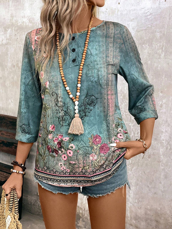 Camisa floreada de corte holgado para mujer con cuello redondo y mangas 3/4, ideal para vacaciones de primavera/verano