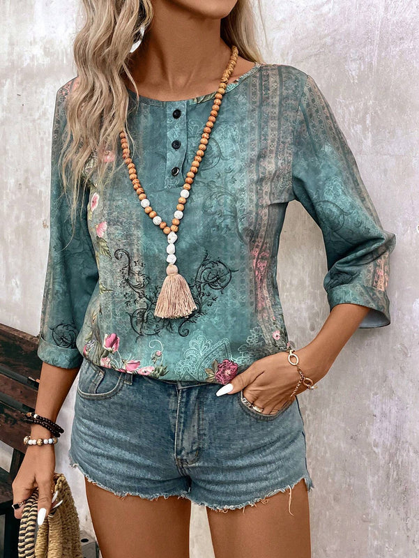 Camisa floreada de corte holgado para mujer con cuello redondo y mangas 3/4, ideal para vacaciones de primavera/verano