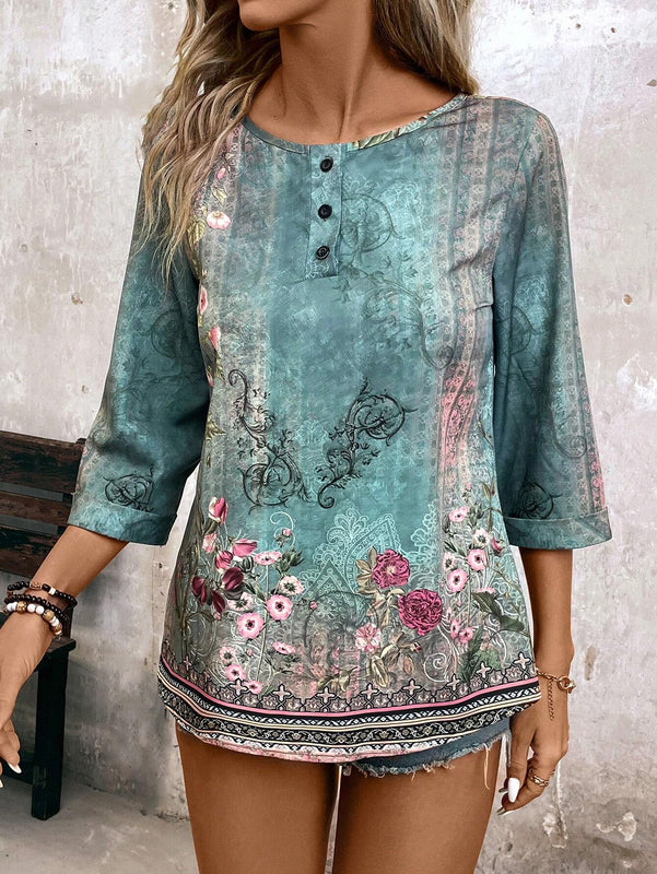 Camisa floreada de corte holgado para mujer con cuello redondo y mangas 3/4, ideal para vacaciones de primavera/verano