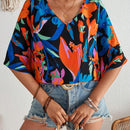 Blusa para mujer tejida suelta con estampado vacacional, cuello en V y mangas murcielago