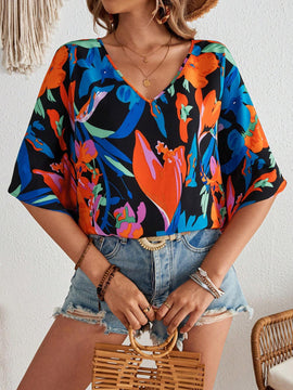 Blusa para mujer tejida suelta con estampado vacacional, cuello en V y mangas murcielago