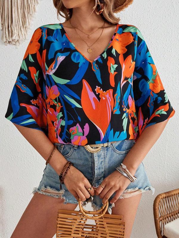 Blusa para mujer tejida suelta con estampado vacacional, cuello en V y mangas murcielago