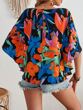 Blusa para mujer tejida suelta con estampado vacacional, cuello en V y mangas murcielago