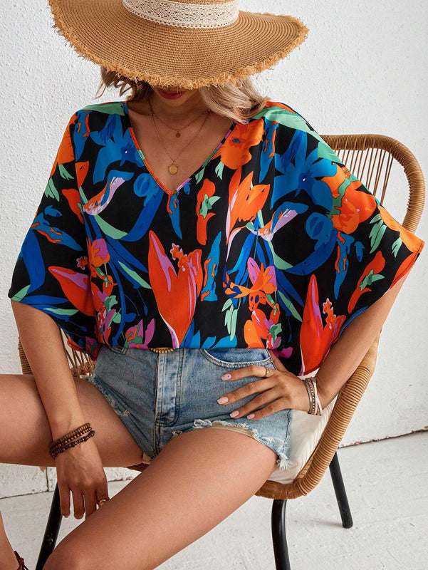 Blusa para mujer tejida suelta con estampado vacacional, cuello en V y mangas murcielago