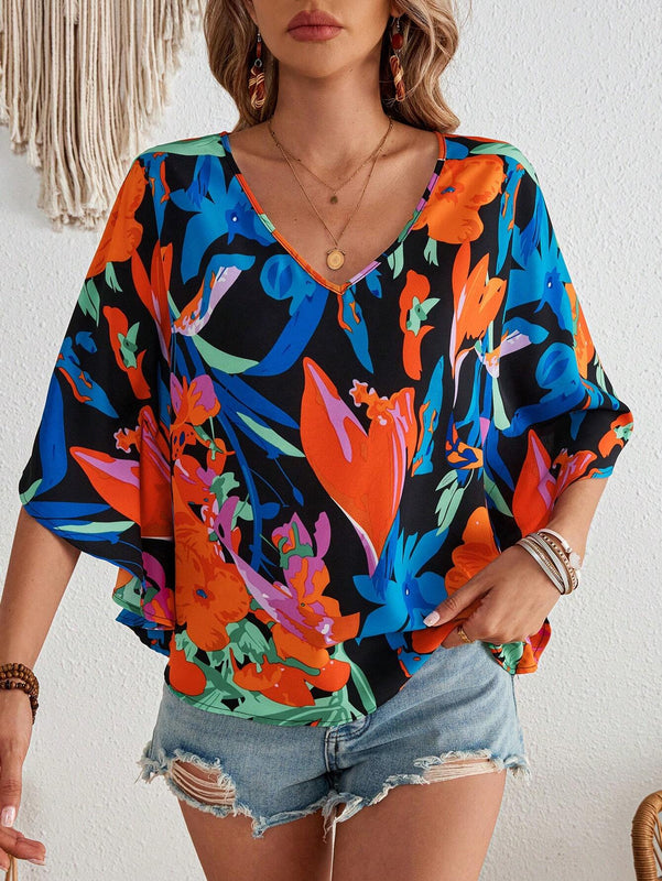 Blusa para mujer tejida suelta con estampado vacacional, cuello en V y mangas murcielago