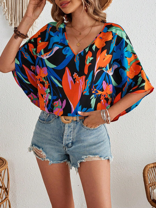 Blusa para mujer tejida suelta con estampado vacacional, cuello en V y mangas murcielago