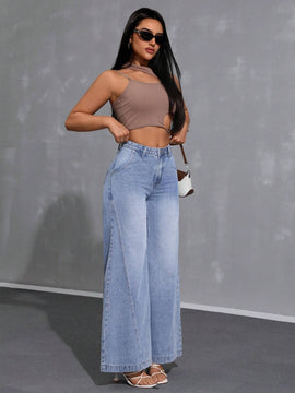 Essnce Jeans de pierna ancha sueltos de ajuste holgado para mujer con bolsillos