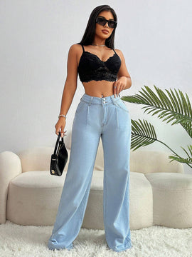 SXY Pantalones Jeans informales de pierna ancha y plisados con bolsillos sueltos para mujer