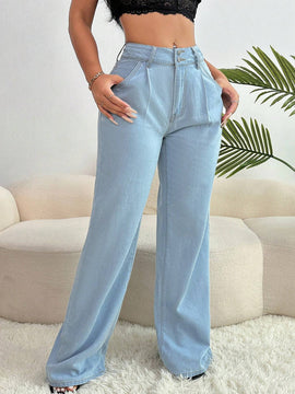 SXY Pantalones Jeans informales de pierna ancha y plisados con bolsillos sueltos para mujer