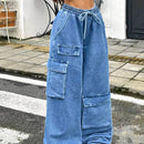 EZwear Pantalones Jeans informales de corte amplio y cintura anudada para mujer con multiples bolsillos utilitarios