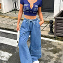 EZwear Pantalones Jeans informales de corte amplio y cintura anudada para mujer con multiples bolsillos utilitarios