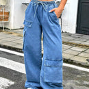 EZwear Pantalones Jeans informales de corte amplio y cintura anudada para mujer con multiples bolsillos utilitarios