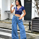 EZwear Pantalones Jeans informales de corte amplio y cintura anudada para mujer con multiples bolsillos utilitarios