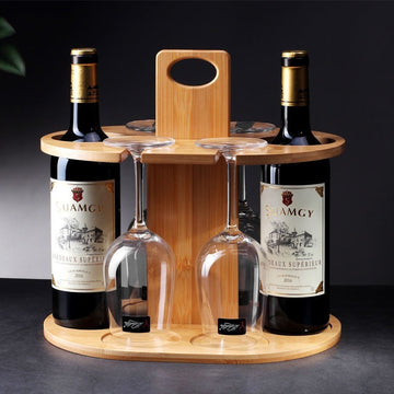 Elegante Estante de Vino de Bambú con Soporte de Vidrio de Pies Altos - Decoración Portátil para Exteriores y Cocina