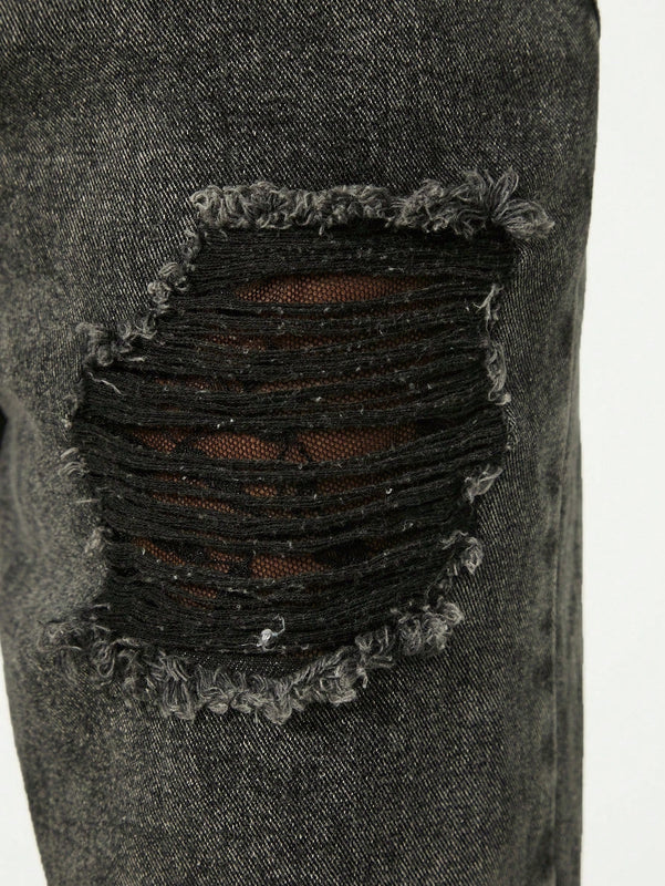 Haute Jeans rasgados de pierna ancha para mujeres con bolsillos, casuales y versatiles