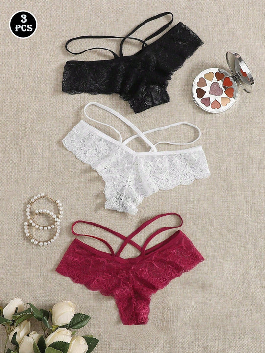 3 piezas de tangas de encaje cruzado para mujer, negro/blanco/rojo