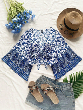 Blusa de vacaciones informale para mujeres 'WYWH' con dobladillo de volantes y frente anudado en patchwork con mangas de campana