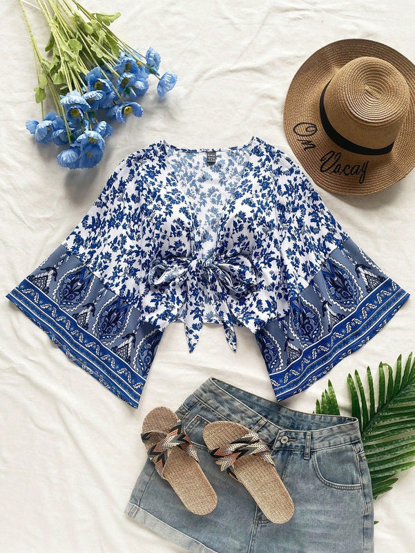 Blusa de vacaciones informale para mujeres 'WYWH' con dobladillo de volantes y frente anudado en patchwork con mangas de campana