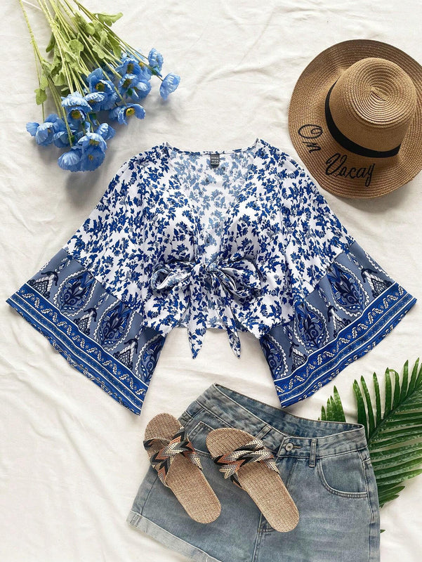 Blusa de vacaciones informale para mujeres 'WYWH' con dobladillo de volantes y frente anudado en patchwork con mangas de campana